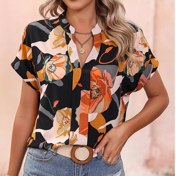 Tops - Floral Print Batwing Sleeve Blouse